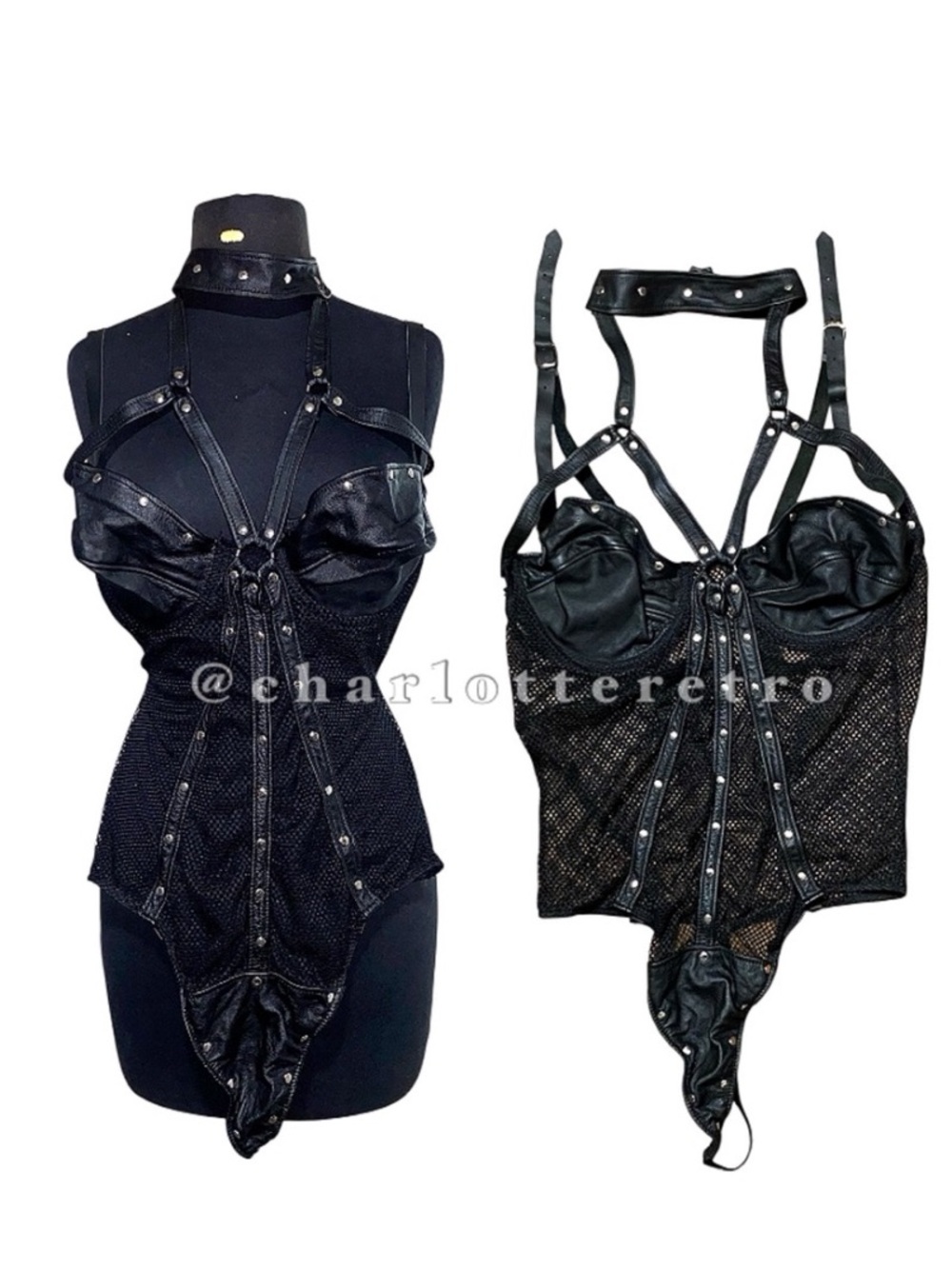 Elegant Moments Leather • Black Mesh Studded Strappy XO Choker Bodysuit